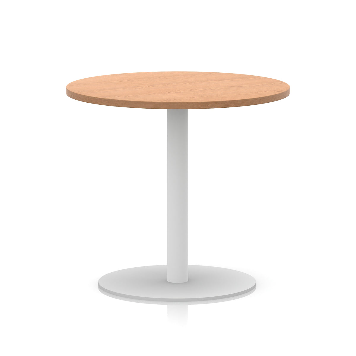 Round table with wood-effect top and white base on a white background