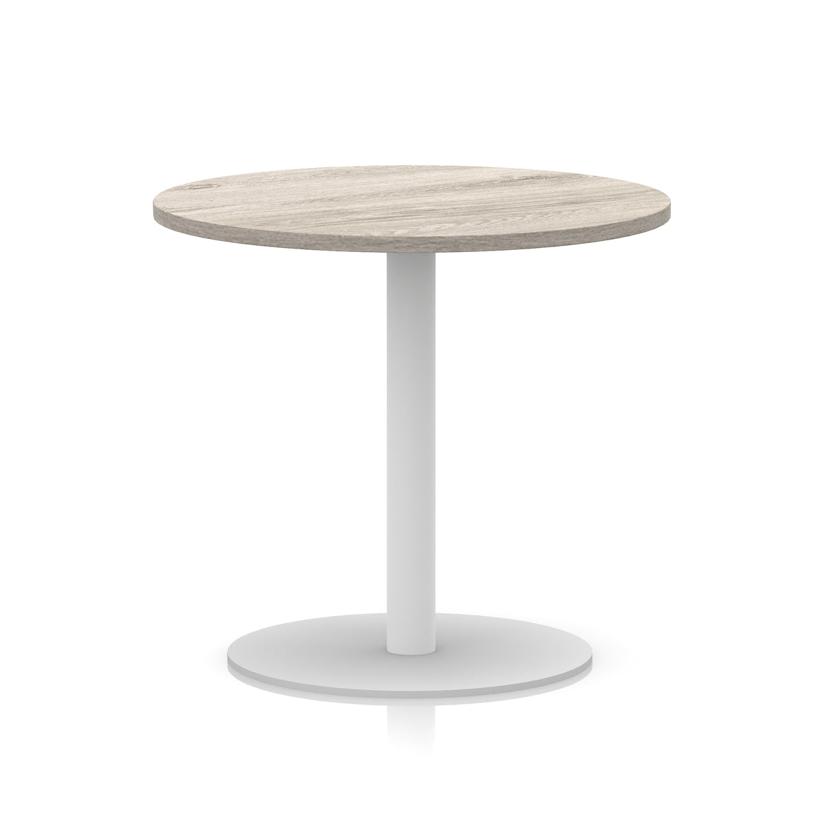 Round table with wood-effect top and white base on a white background