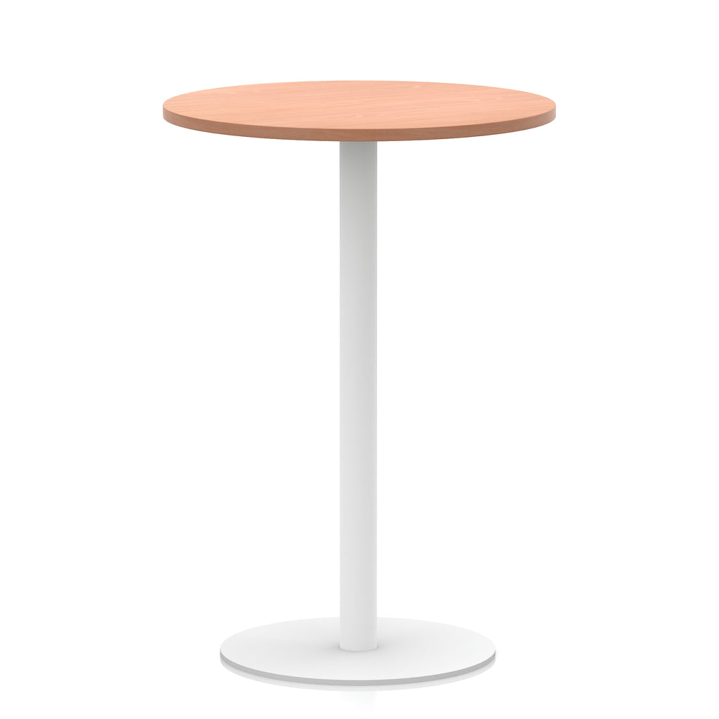 Round high table with wood-effect top and white base on a white background