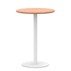 Round high table with wood-effect top and white base on a white background