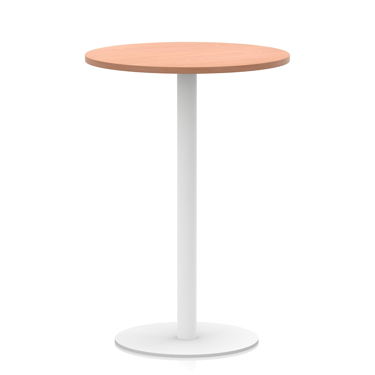 Round high table with wood-effect top and white base on a white background