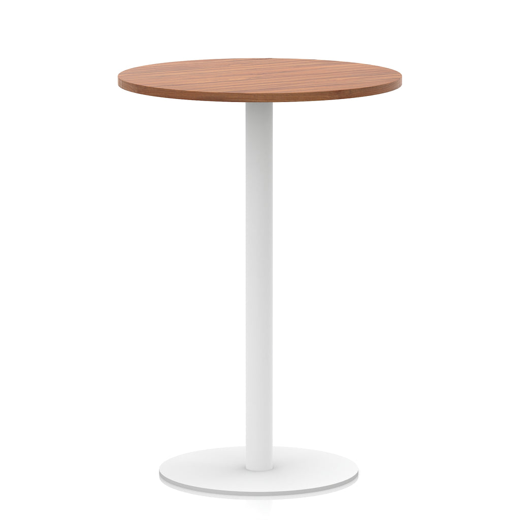 Round high table with wood-effect top and white base on a white background