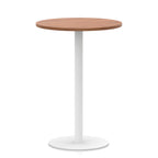 Round high table with wood-effect top and white base on a white background