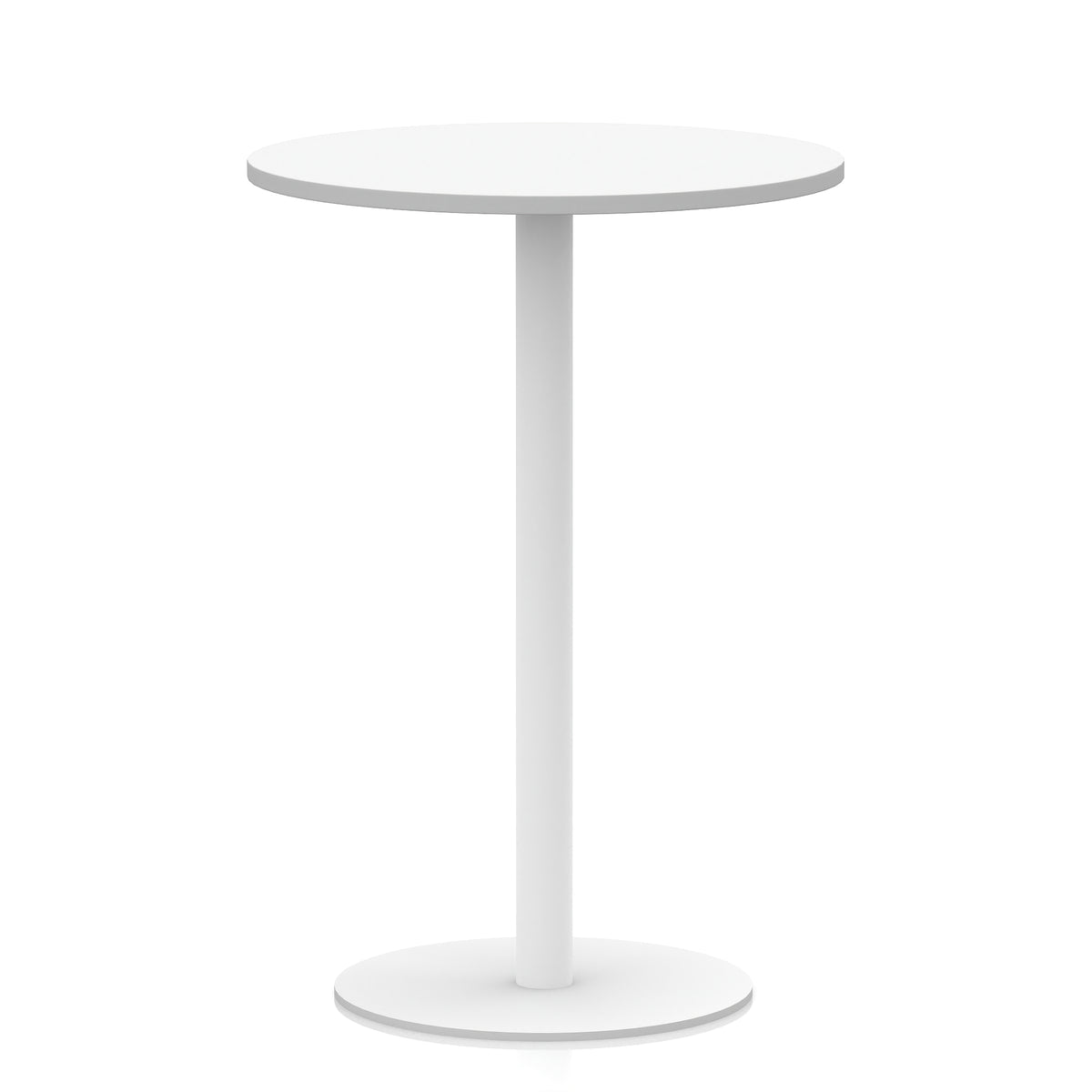 White high round table with metal base on a white background