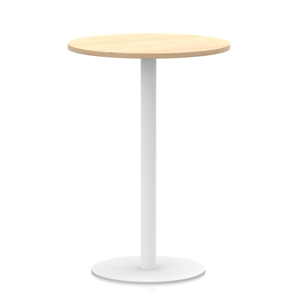 Round high table with wood-effect top and white base on a white background