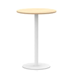 Round high table with wood-effect top and white base on a white background