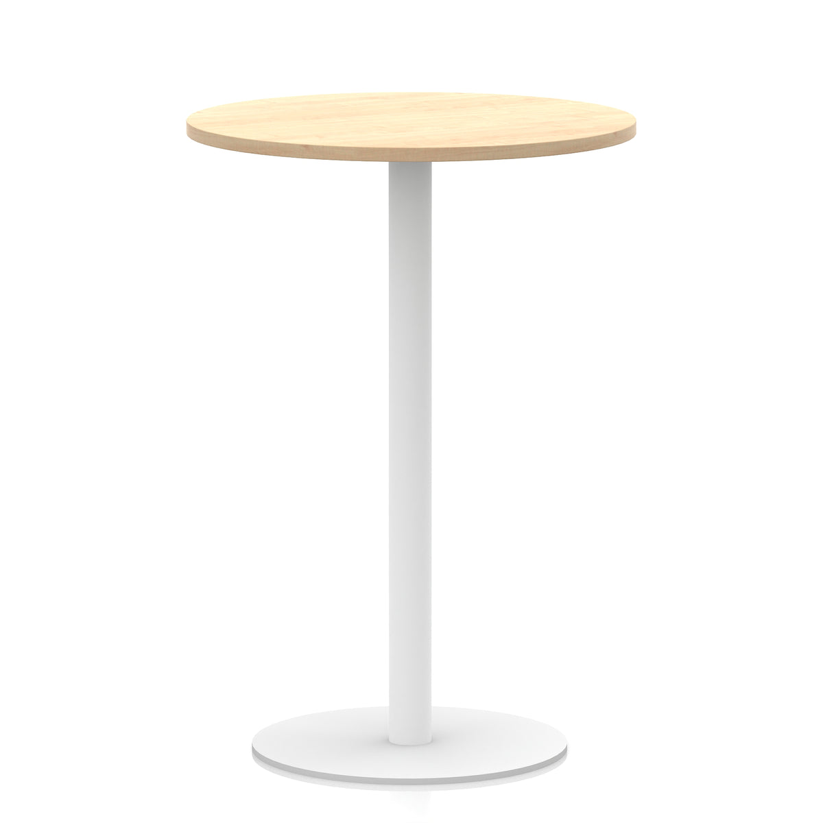Round high table with wood-effect top and white base on a white background