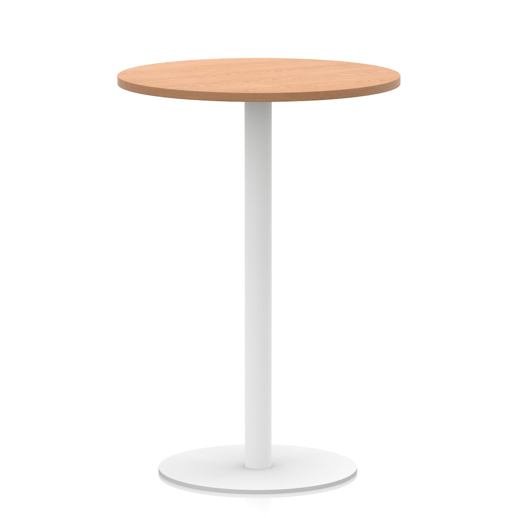 Round high table with wood-effect top and white base on a white background