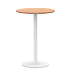 Round high table with wood-effect top and white base on a white background