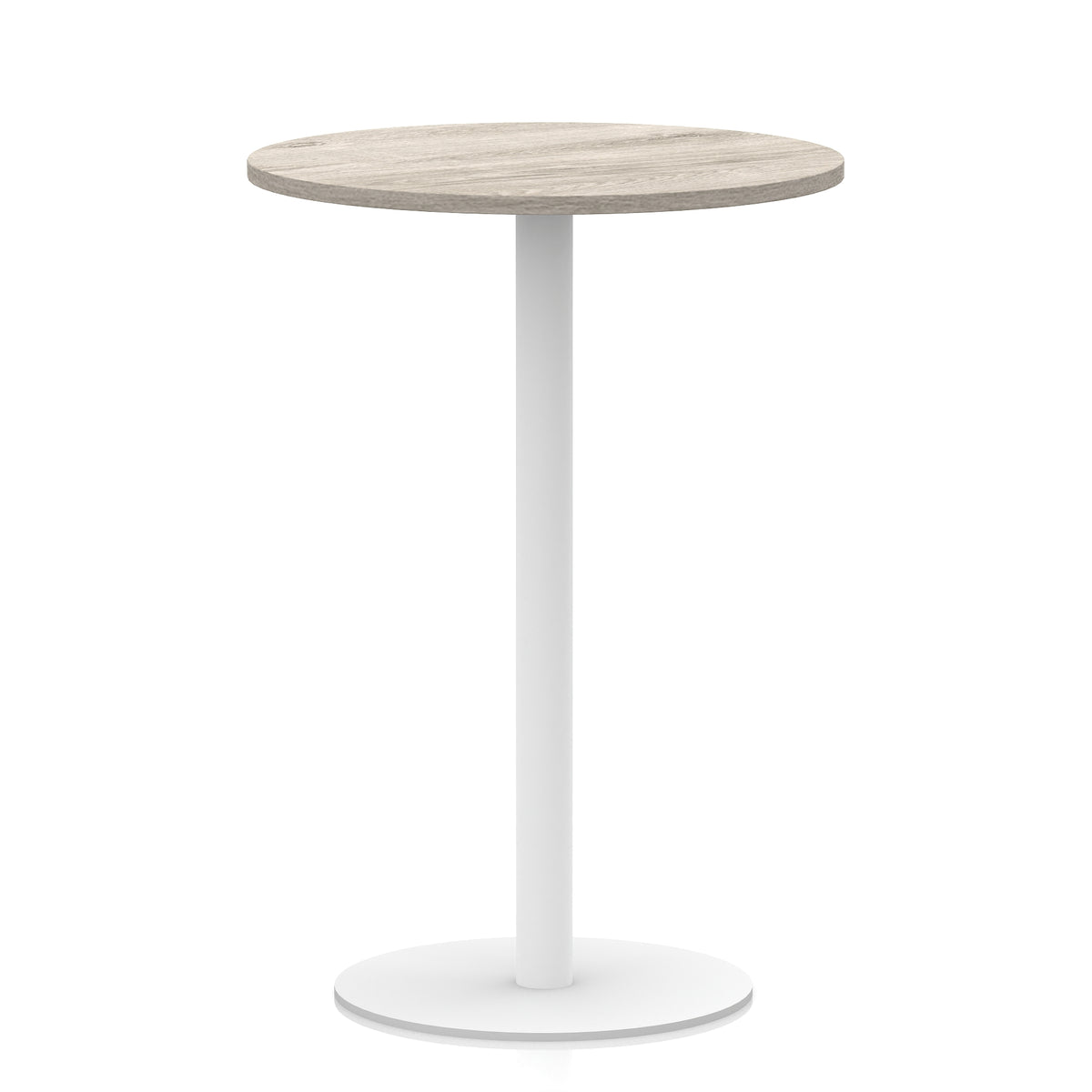 Round high table with wood-effect top and white base on a white background