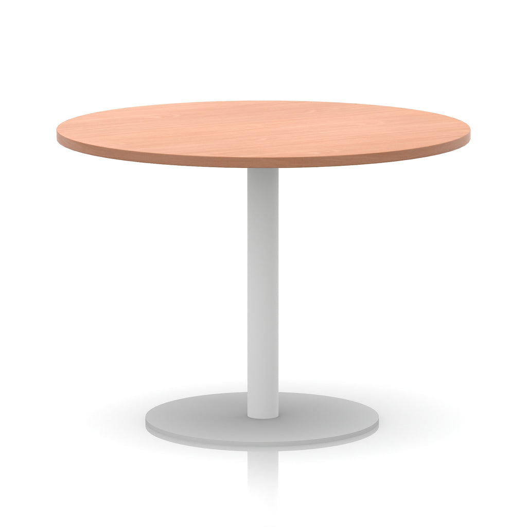 Round table with wood-effect top and white base on a white background