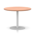 Round table with wood-effect top and white base on a white background