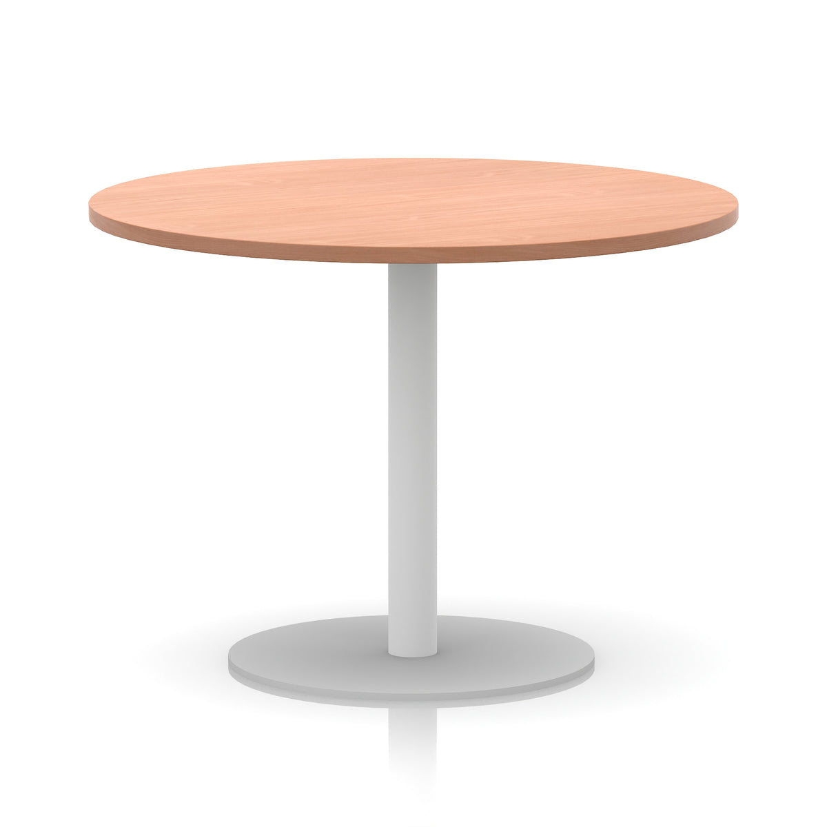 Round table with wood-effect top and white base on a white background