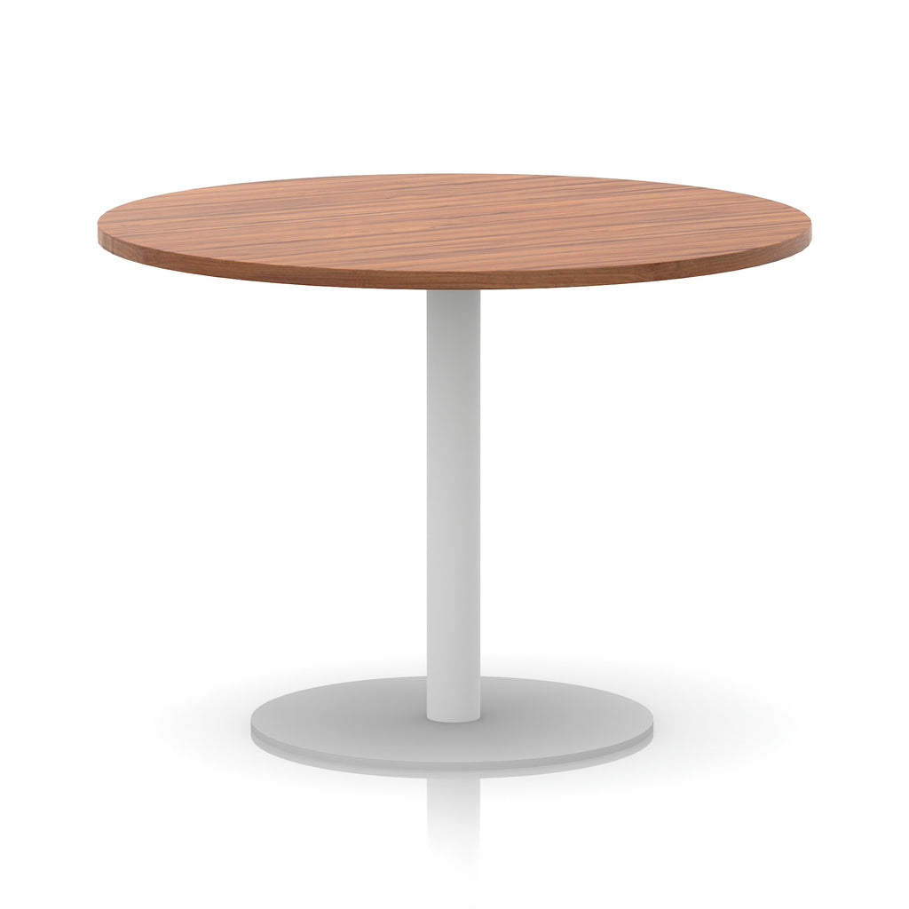 Round table with wood-effect top and white base on a white background
