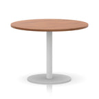 Round table with wood-effect top and white base on a white background