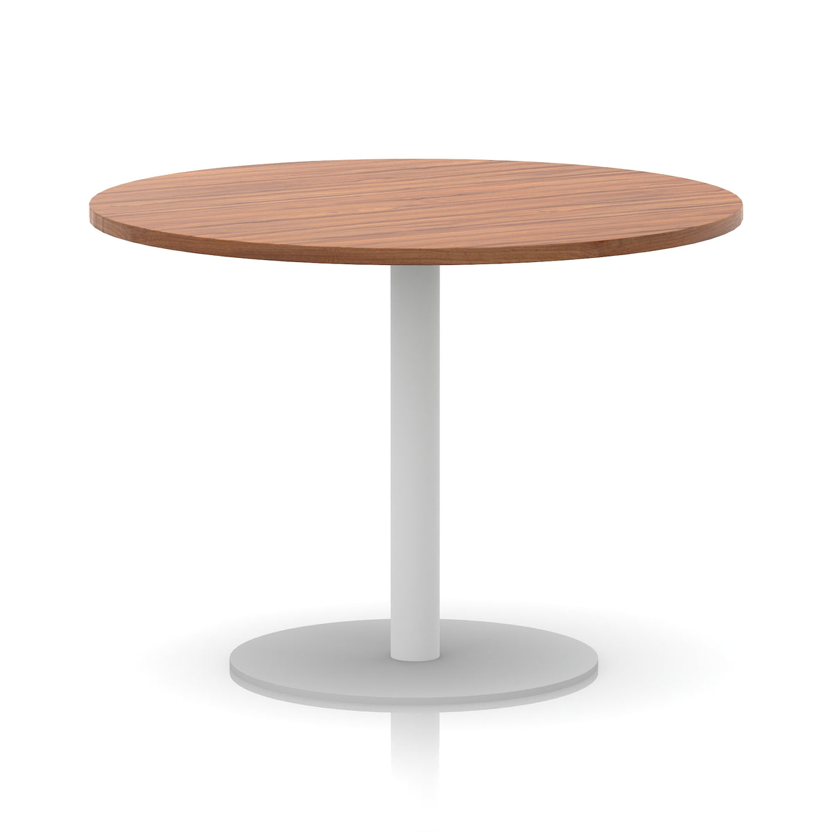 Round table with wood-effect top and white base on a white background