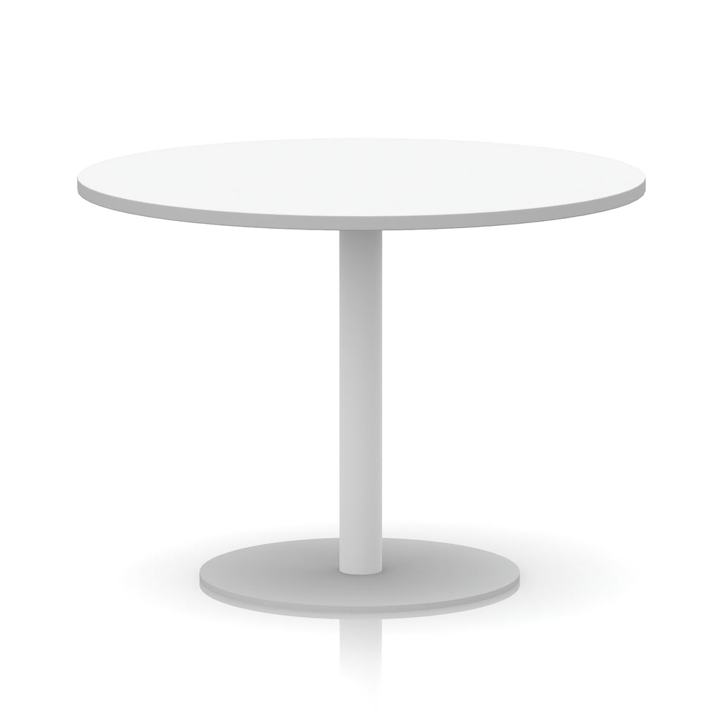 White round table with metal base on a white background