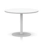 White round table with metal base on a white background