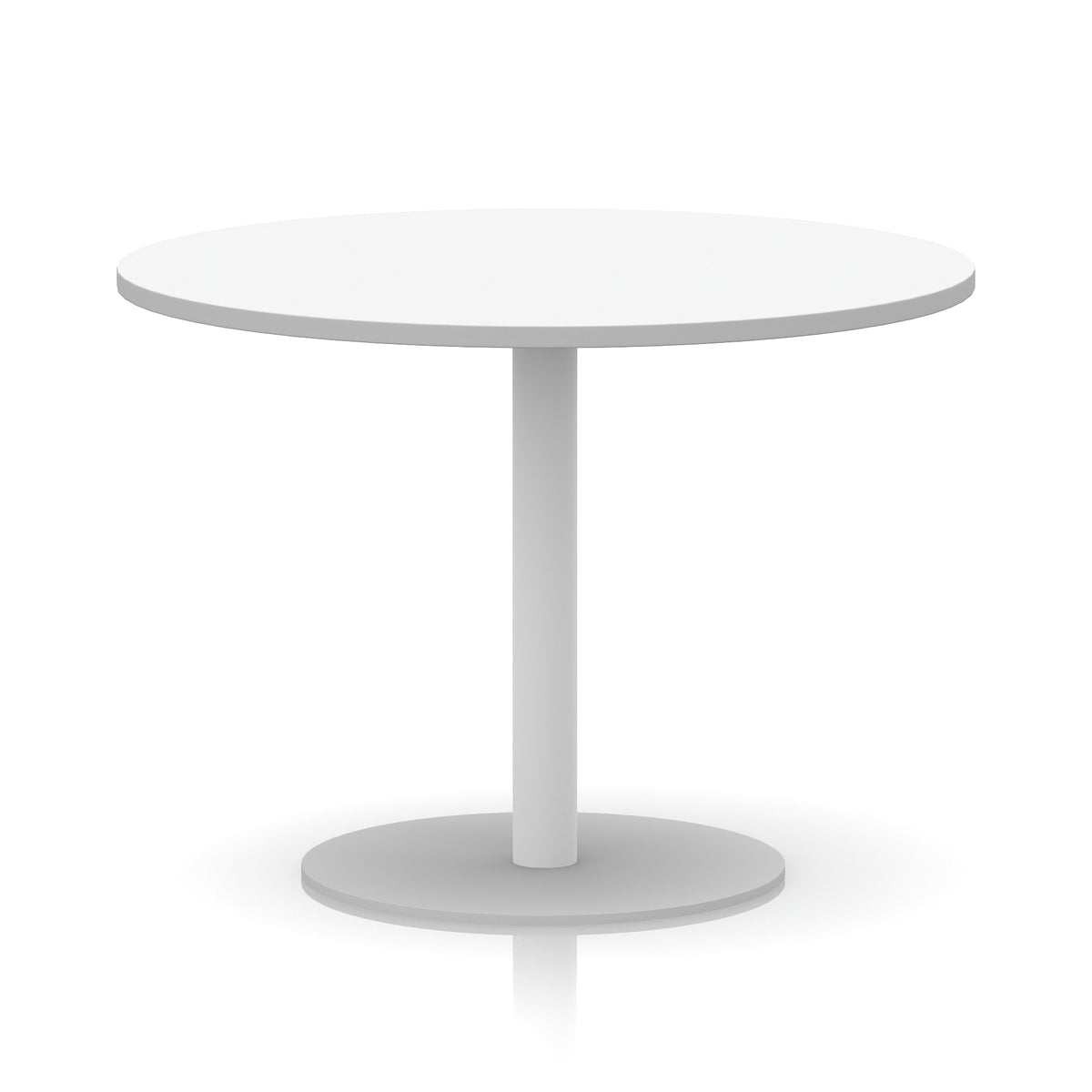 White round table with metal base on a white background