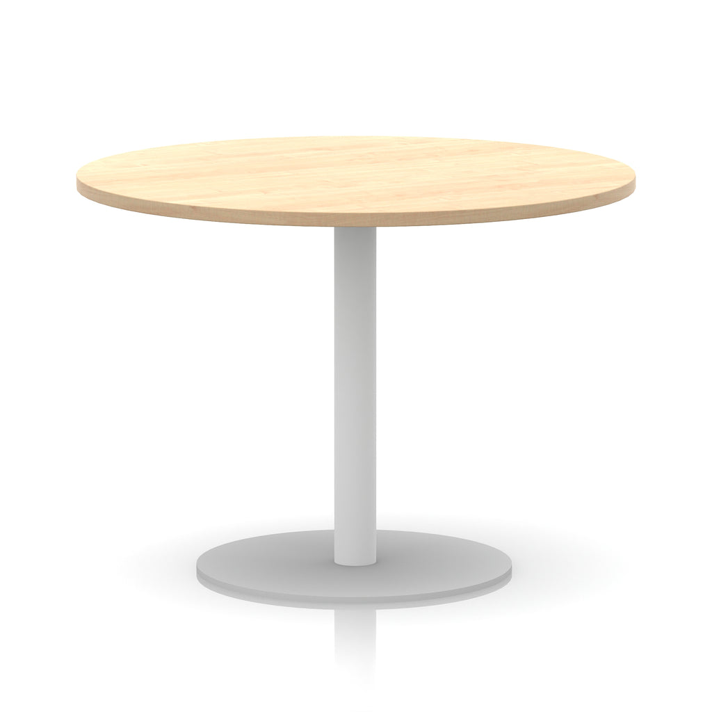 Round table with wood-effect top and white base on a white background