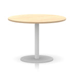 Round table with wood-effect top and white base on a white background