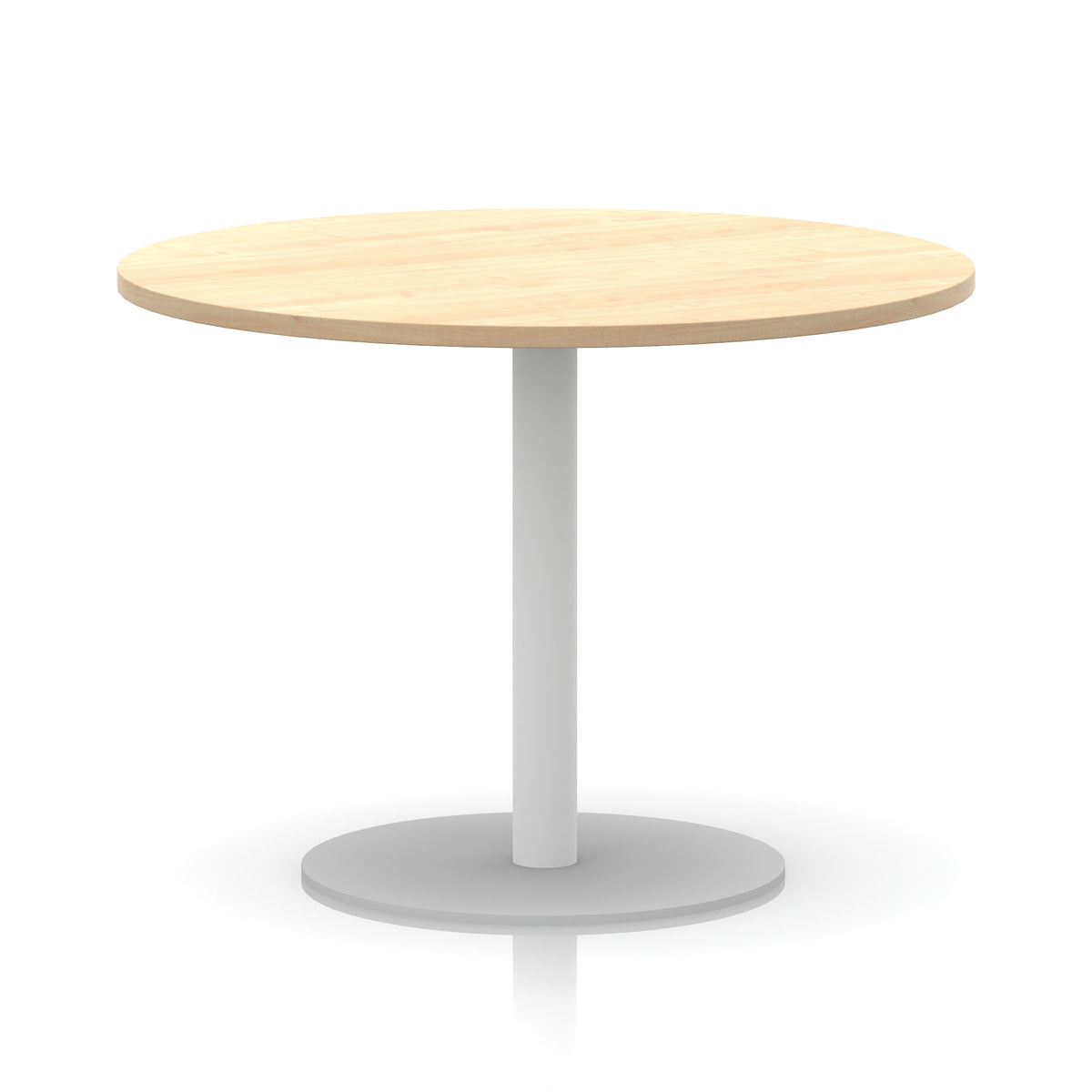 Round table with wood-effect top and white base on a white background