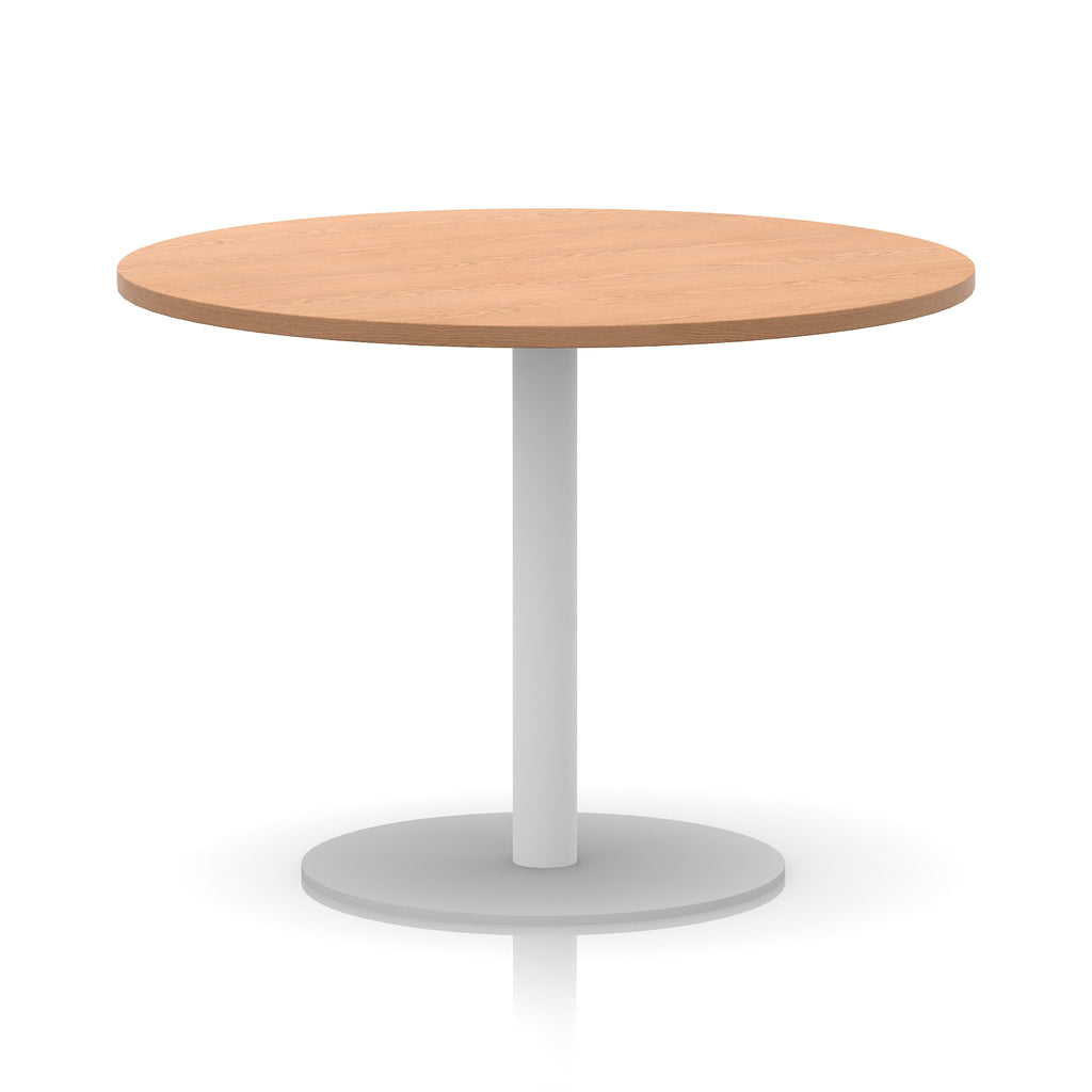 Round table with wood-effect top and white base on a white background