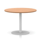 Round table with wood-effect top and white base on a white background