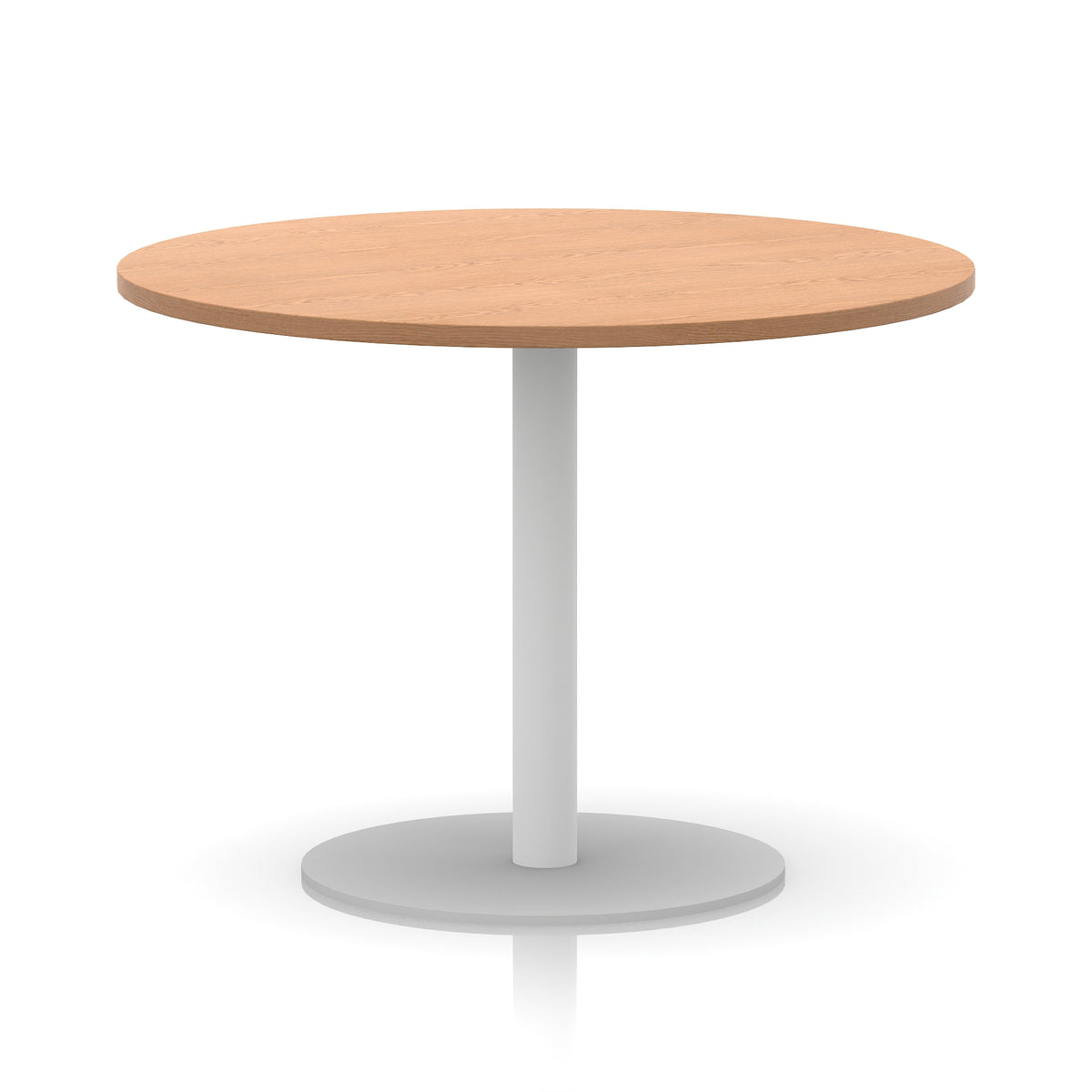 Round table with wood-effect top and white base on a white background