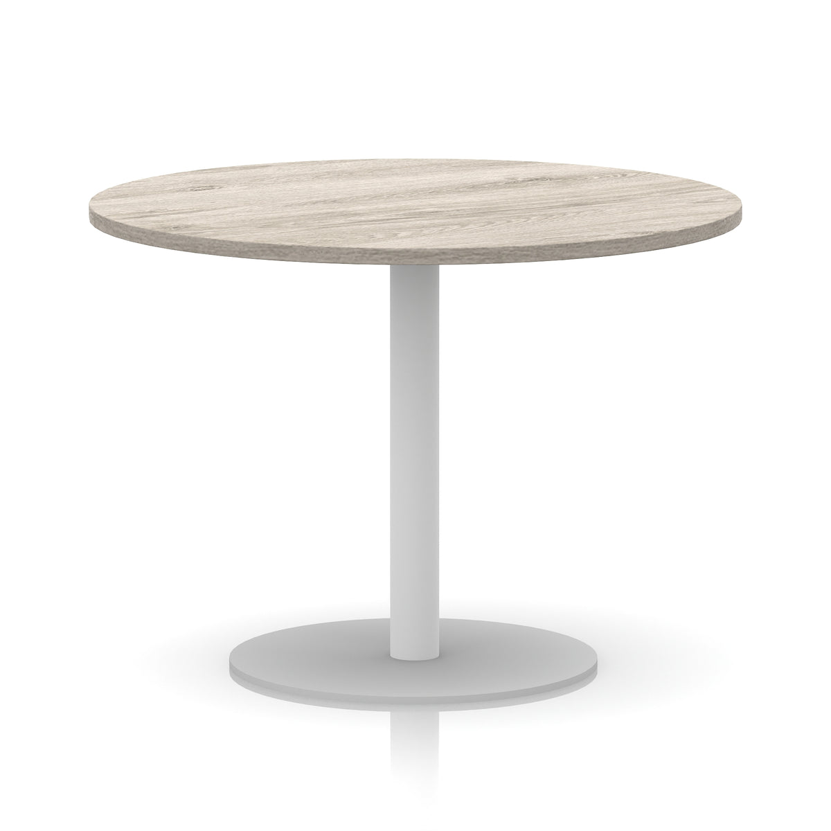 Round table with wood-effect top and white base on a white background