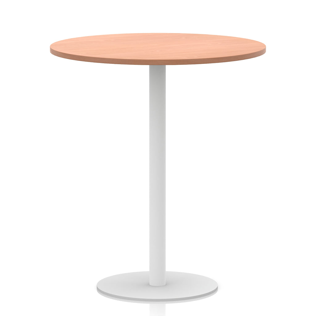 Round table with wood-effect top and white base on a white background