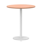 Round table with wood-effect top and white base on a white background