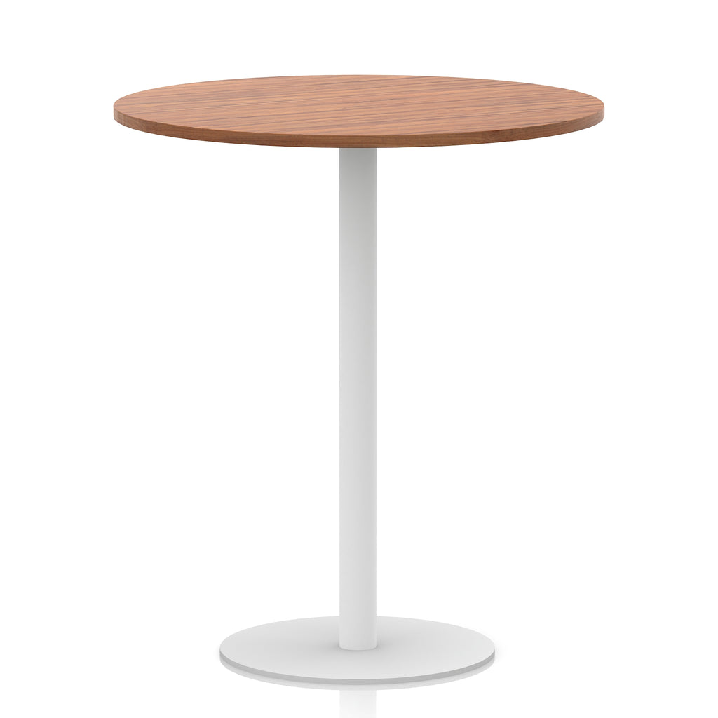 Round table with wood-effect top and white base on a white background