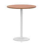 Round table with wood-effect top and white base on a white background