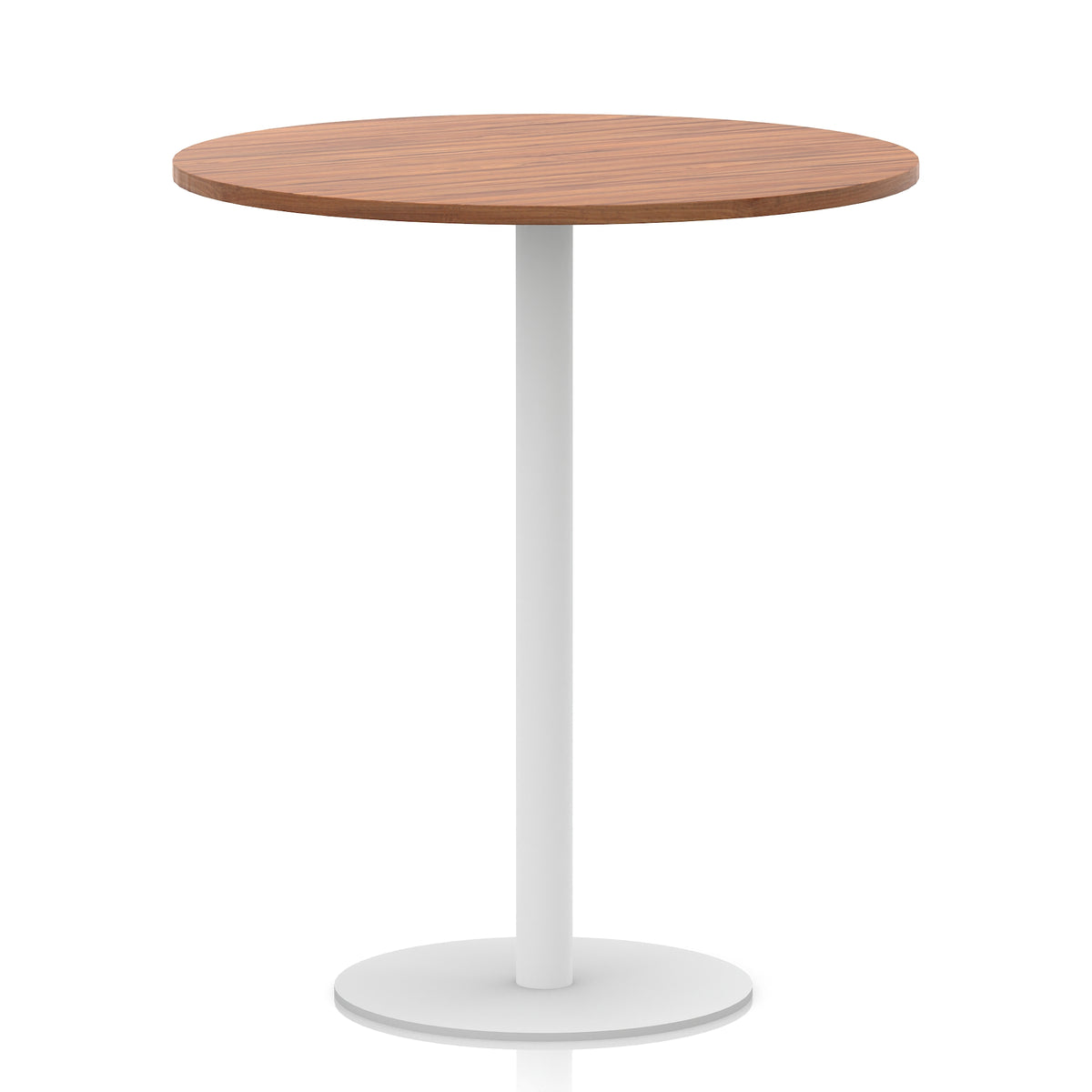 Round table with wood-effect top and white base on a white background