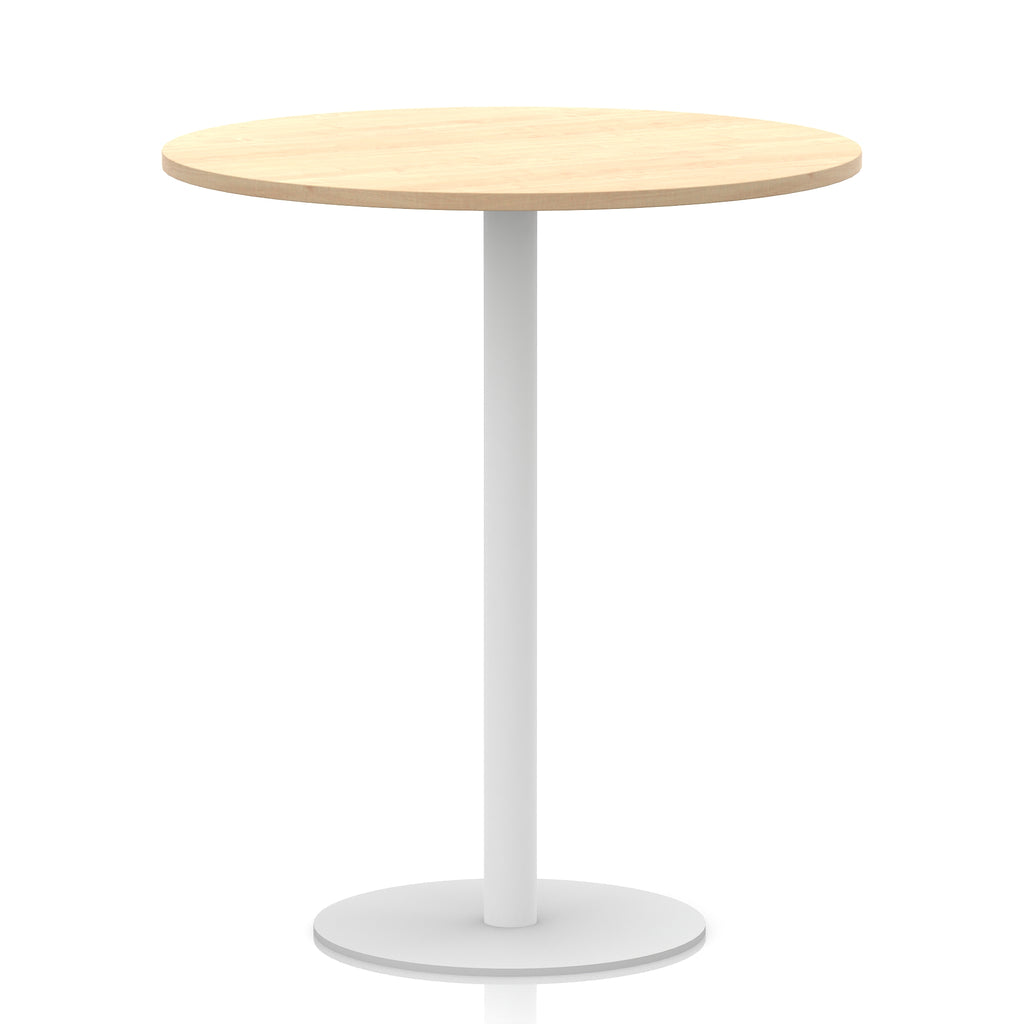 Round table with wood-effect top and white base on a white background