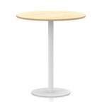 Round table with wood-effect top and white base on a white background
