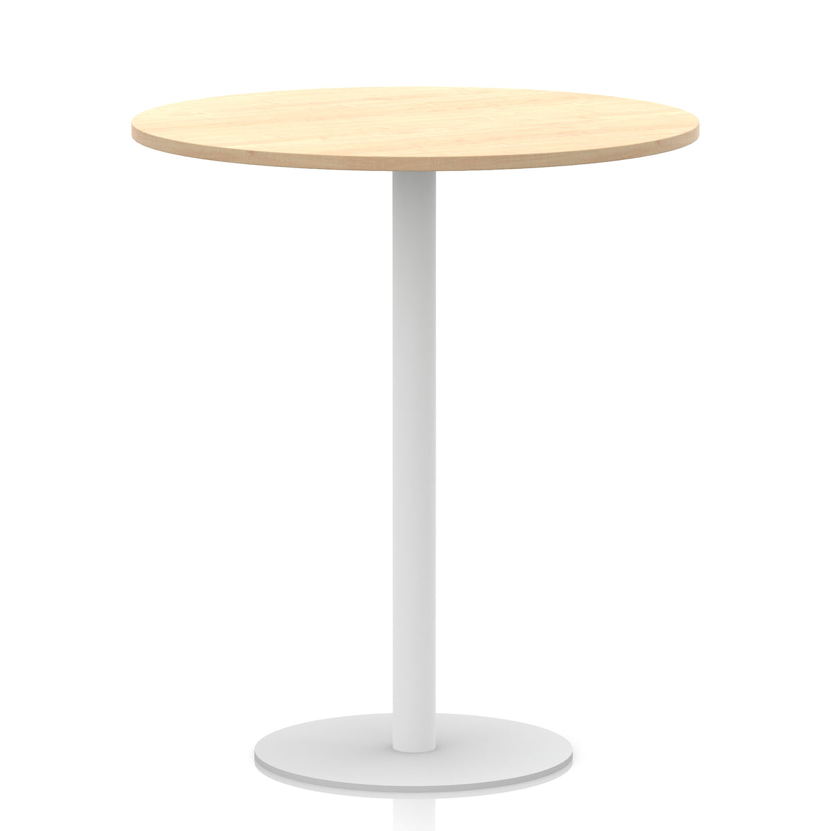 Round table with wood-effect top and white base on a white background