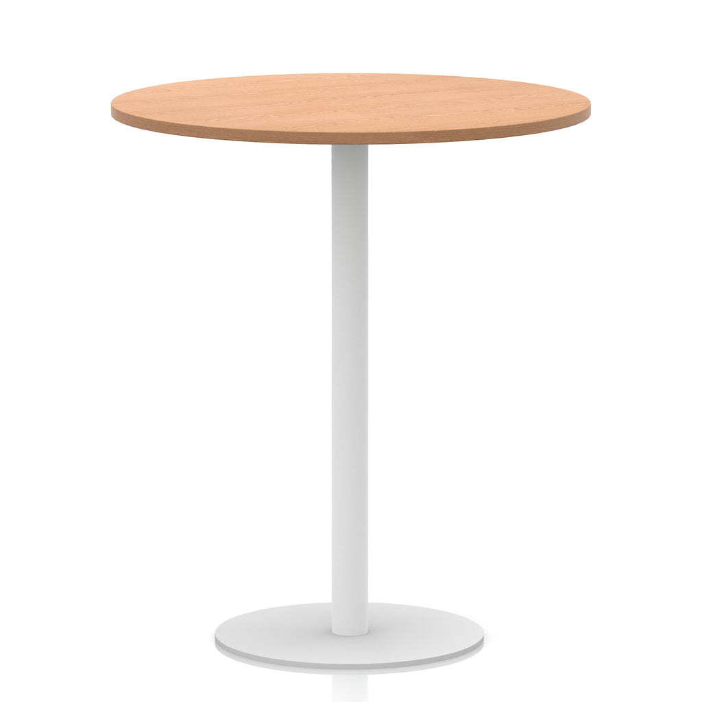 Round table with wood-effect top and white base on a white background