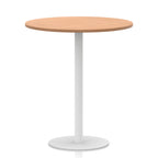 Round table with wood-effect top and white base on a white background