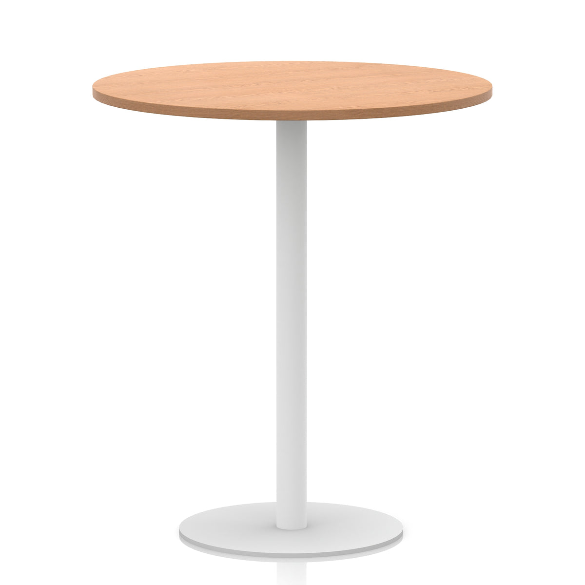 Round table with wood-effect top and white base on a white background