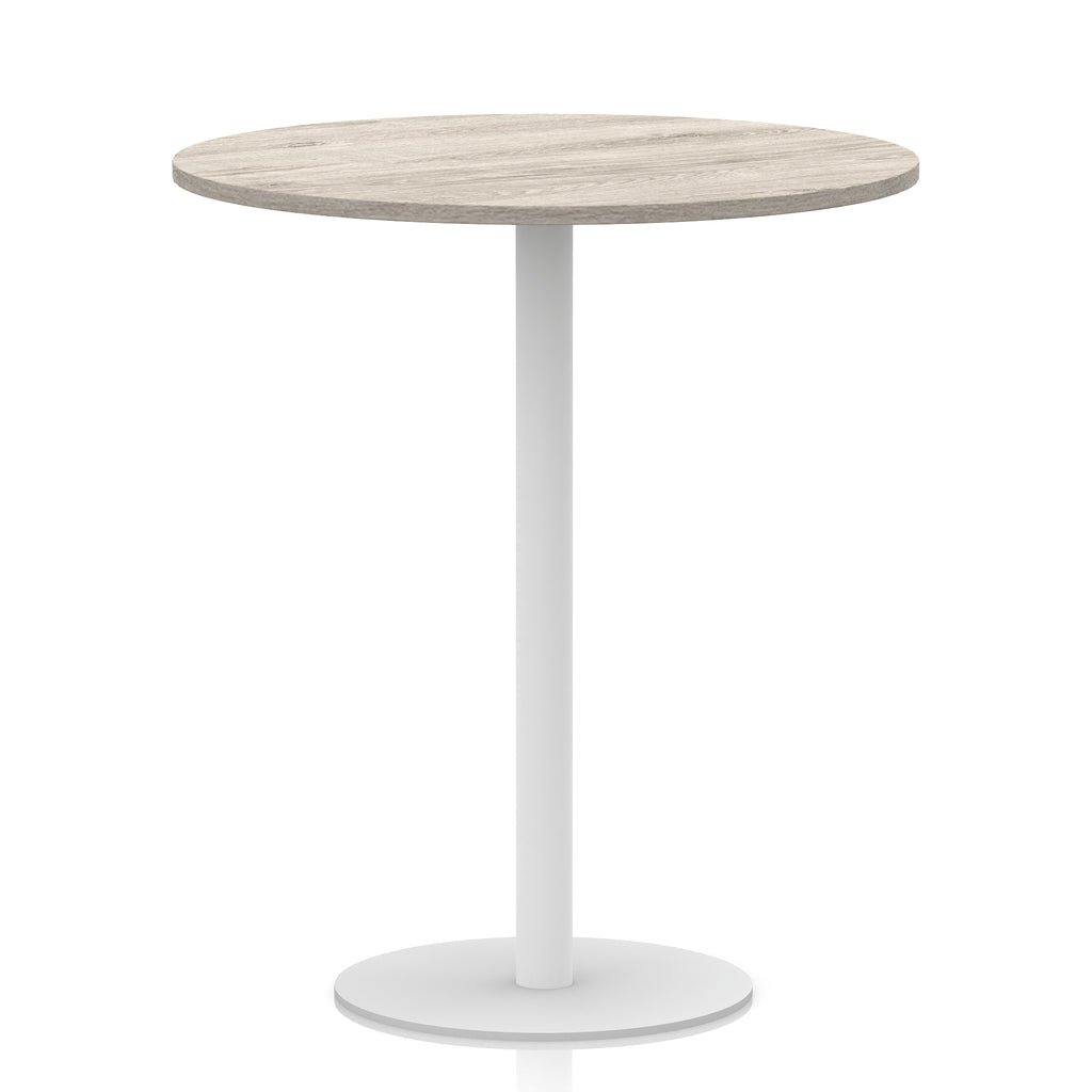 Round table with wood-effect top and white base on a white background