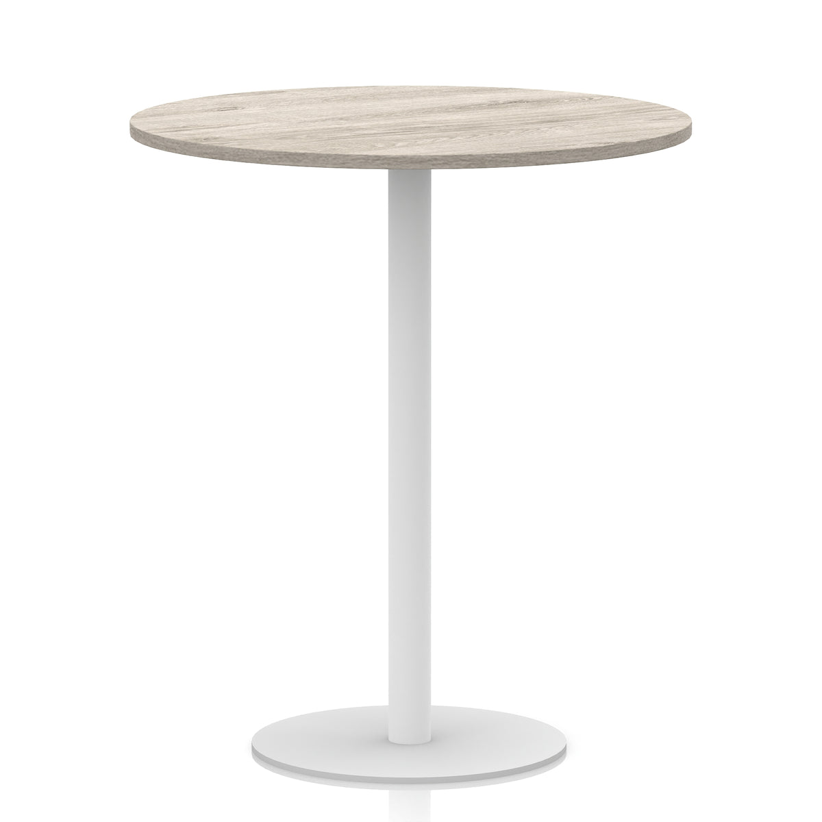 Round table with wood-effect top and white base on a white background