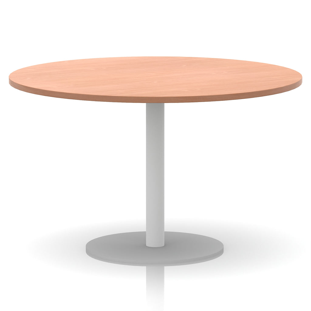 Round table with wood-effect top and white base on a white background