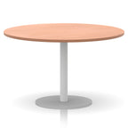 Round table with wood-effect top and white base on a white background