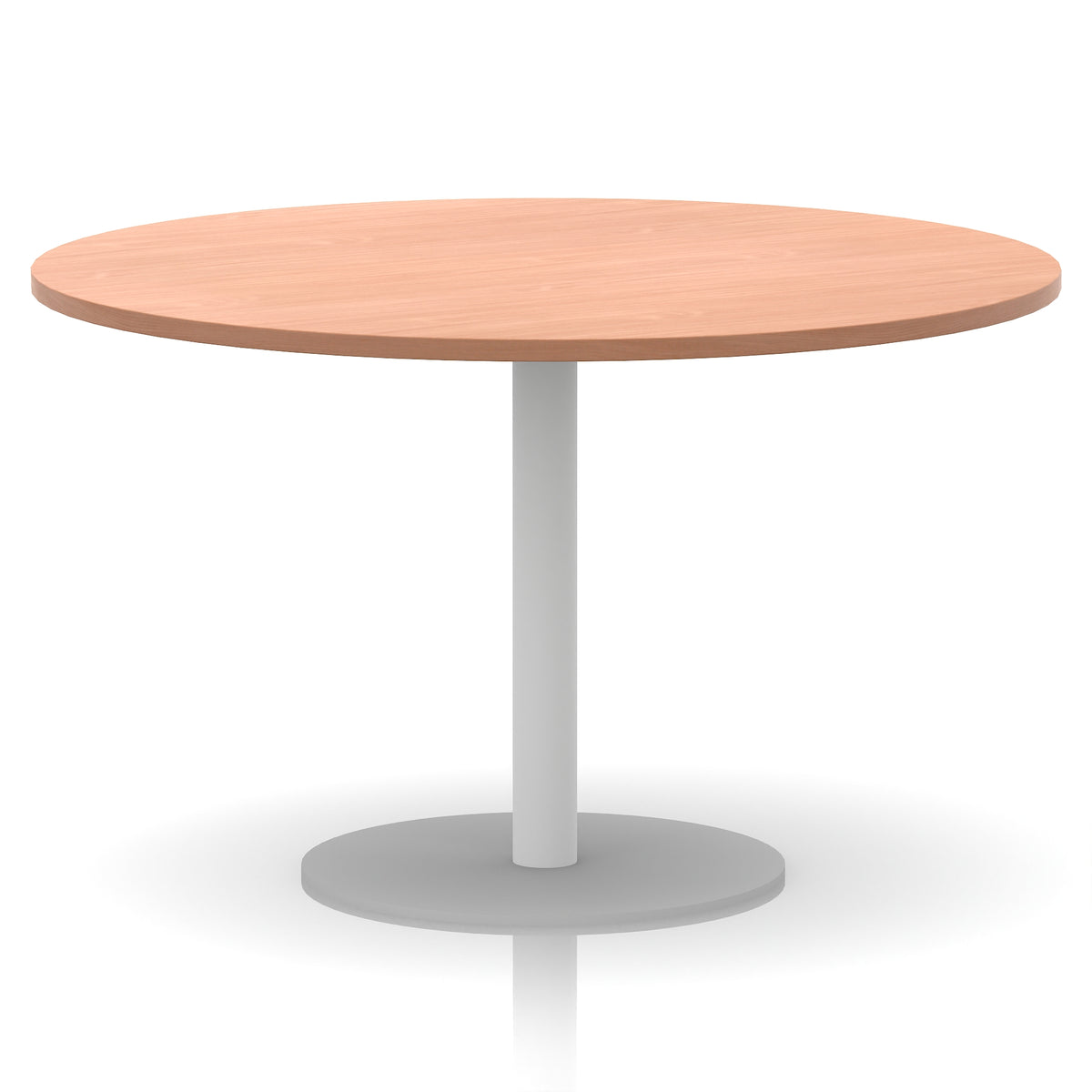 Round table with wood-effect top and white base on a white background