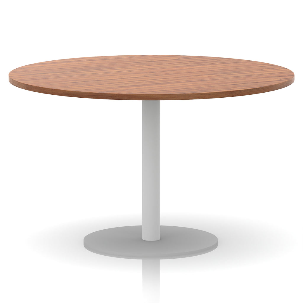 Round table with wood-effect top and white base on a white background