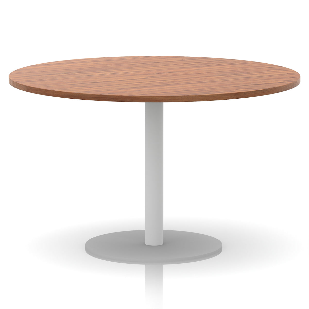 Round table with wood-effect top and white base on a white background