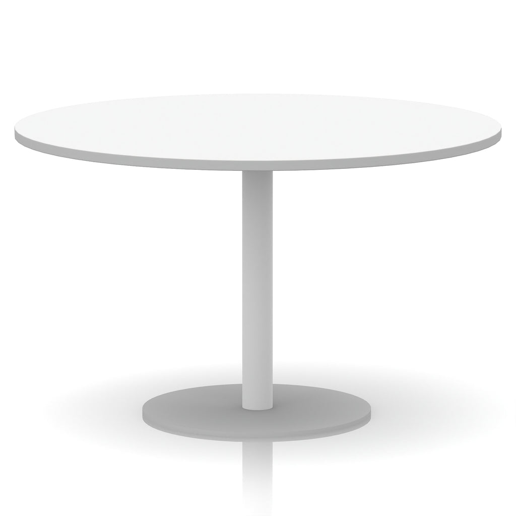 White round table with metal base on a white background