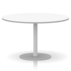 White round table with metal base on a white background